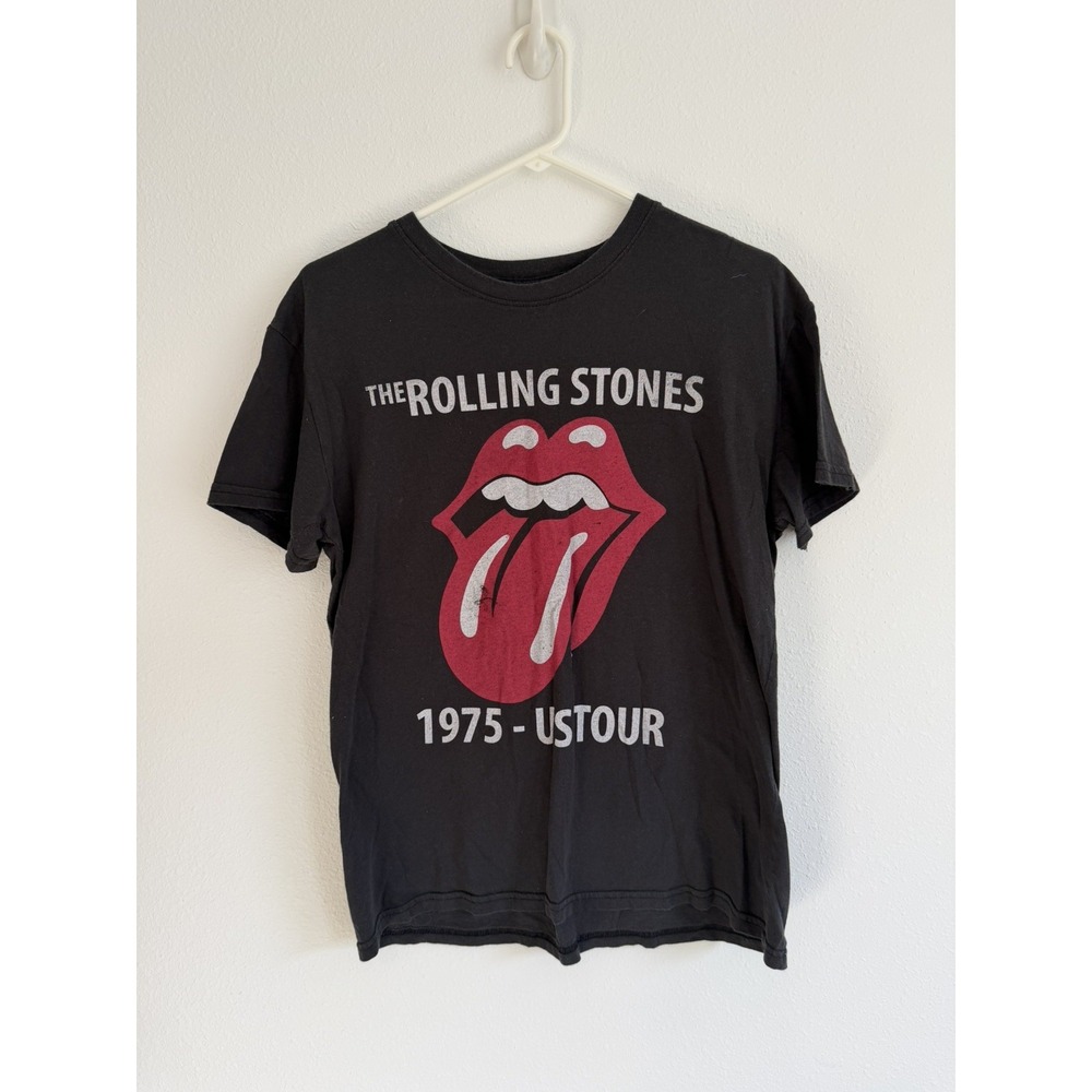 The Rolling Stones Band T-Shirt Womens Large 1975 USA Tour Tongue Logo Black 70s